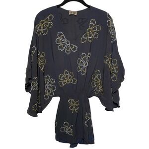 boyod Women's Floral Beaded Blouse Small Kimono Sleeve Peplum Waist Viscose